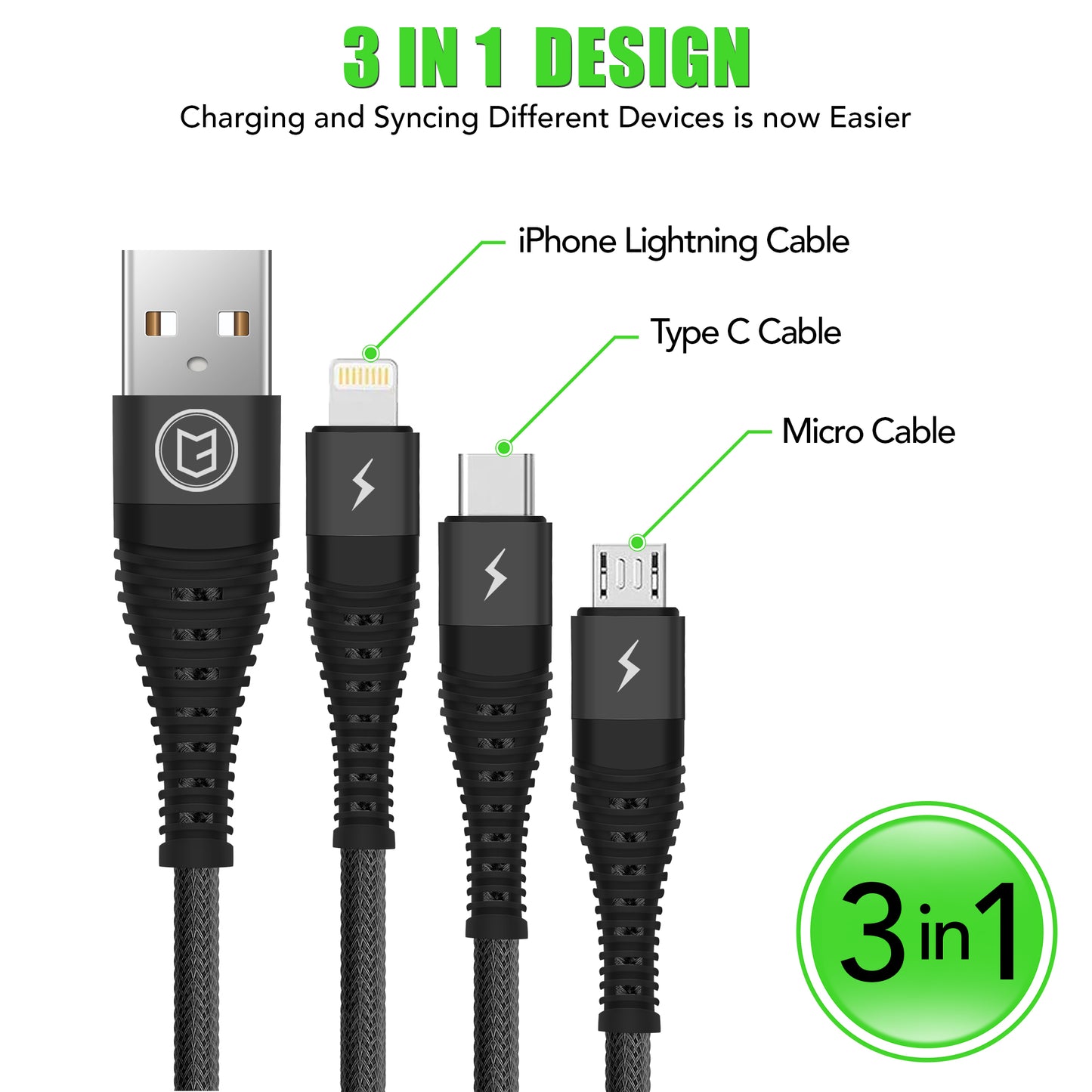 C3 3-in-1 Universal Braided USB Cable 1.2 Metre