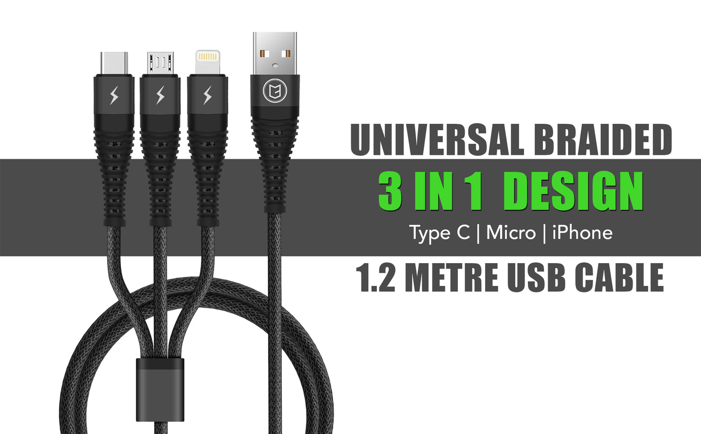 C3 3-in-1 Universal Braided USB Cable 1.2 Metre