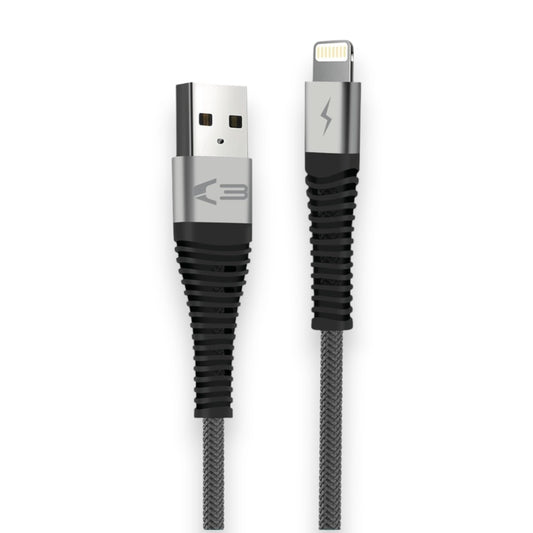 Vibe Trade Ltd 3m braided iPhone charging cable with grey metallic connectors and reinforced strain relief